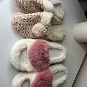 Cozy Cream and Pink Fuzzy Slippers, two pair L/XL